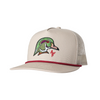 A beige trucker cap with a red mesh back and a red eyelet stripe. The front panel features an embroidered wood duck head logo and a red stylized 'AF' logo.