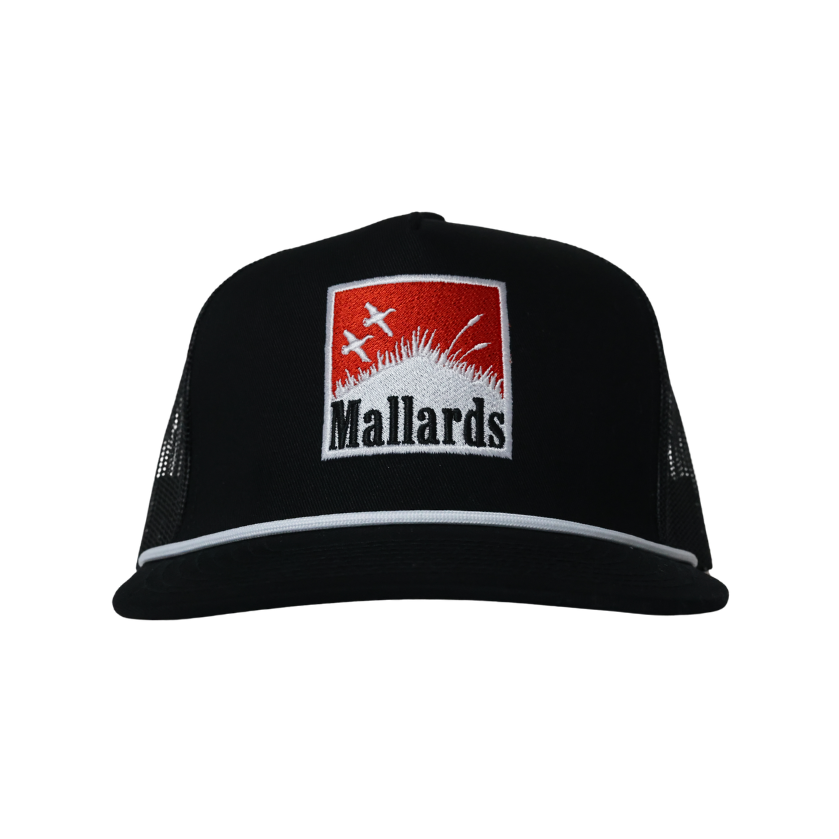 A black trucker hat with a red and white embroidered 'Mallards' logo patch on the front, set against a plain white background.