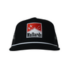 A black trucker hat with a red and white embroidered 'Mallards' logo patch on the front, set against a plain white background.