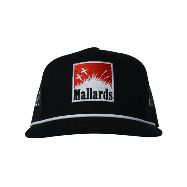 A black trucker hat with a red and white embroidered 'Mallards' logo patch on the front, set against a plain white background.