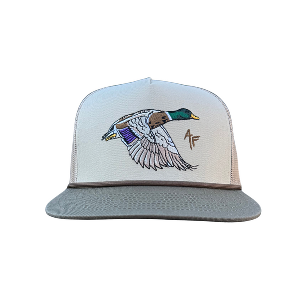 A light gray and white trucker cap featuring an embroidered flying mallard duck on the front panel and a small 'AF' monogram logo on the right side of the front panel.