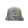 A baseball cap with a tan front panel and a camouflage-patterned visor, featuring an embroidered deer head with antlers and a small black 'AF' logo on the front.