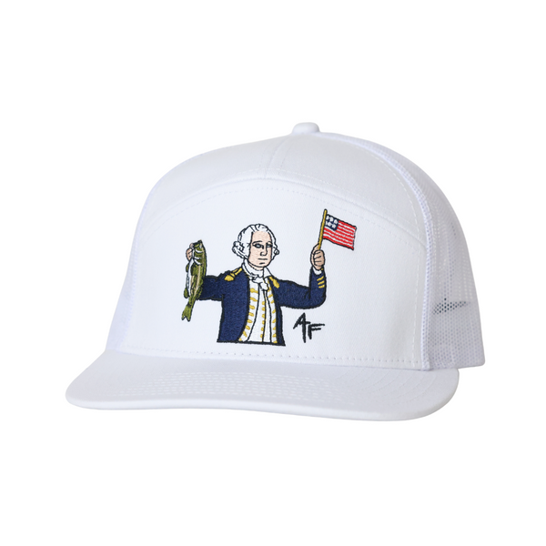 White hat with the design being george washington holding a fish.