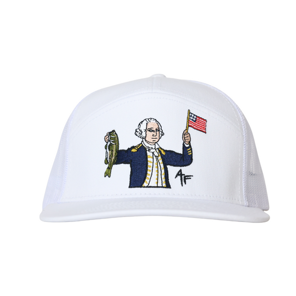 White hat with the design being george washington holding a fish.