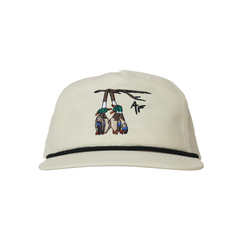 Birch color hat with 4 ducks as the design on the front. Signature AF logo and black rope. NO mesh.