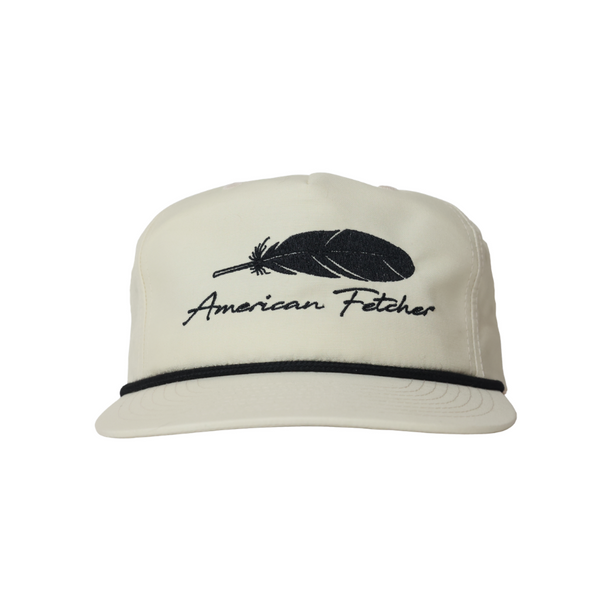 Birch color hat. Feather design on the front. No mesh, solid fabric with black rope.