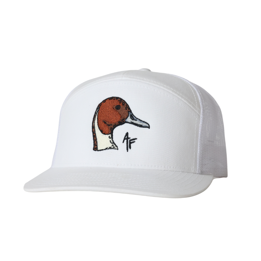 A white trucker-style cap with a mesh back and a detailed embroidered duck head on the front panel, alongside a small black '4F' logo, set against a plain white background.
