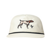 An off-white/cream snapback cap featuring an embroidered hunting dog and a stylized 'AF' logo on the front, with a thin black stripe along the brim.