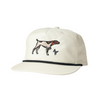 An off-white baseball cap featuring an embroidered dog and a stylized 'AF' logo on the front, with a black piping accent along the edge of the flat brim.