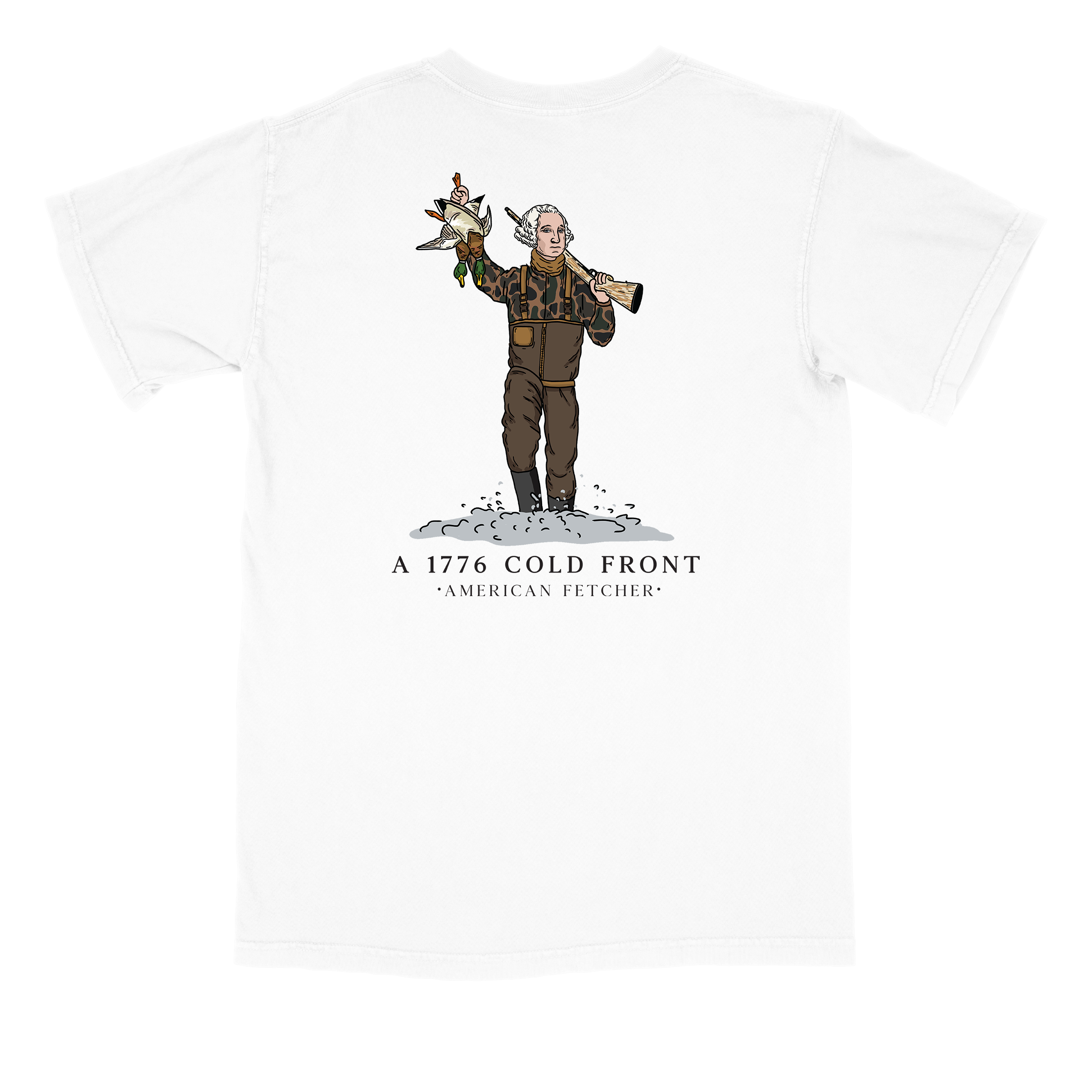 A white short-sleeve crewneck t-shirt featuring a graphic print of a cartoon character dressed in winter gear holding a rifle and a bird, with the text 'A 1776 COLD FRONT' and 'AMERICAN FETCHER' printed below.