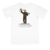A white short-sleeve crewneck t-shirt featuring a graphic print of a cartoon character dressed in winter gear holding a rifle and a bird, with the text 'A 1776 COLD FRONT' and 'AMERICAN FETCHER' printed below.