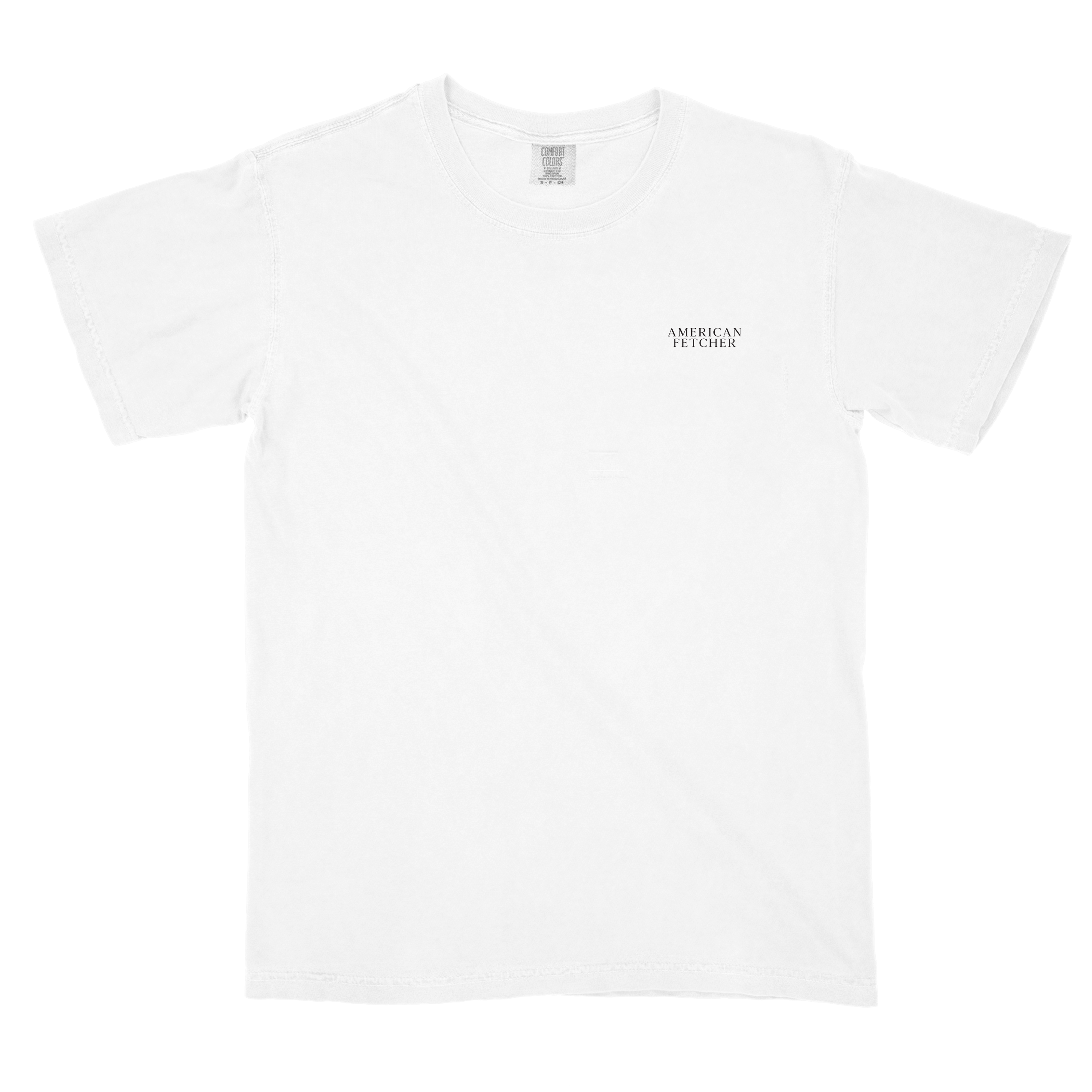 A white short-sleeve crewneck t-shirt with a small black text graphic on the left chest reading 'American Fetcher', displayed flat against a white background. 
