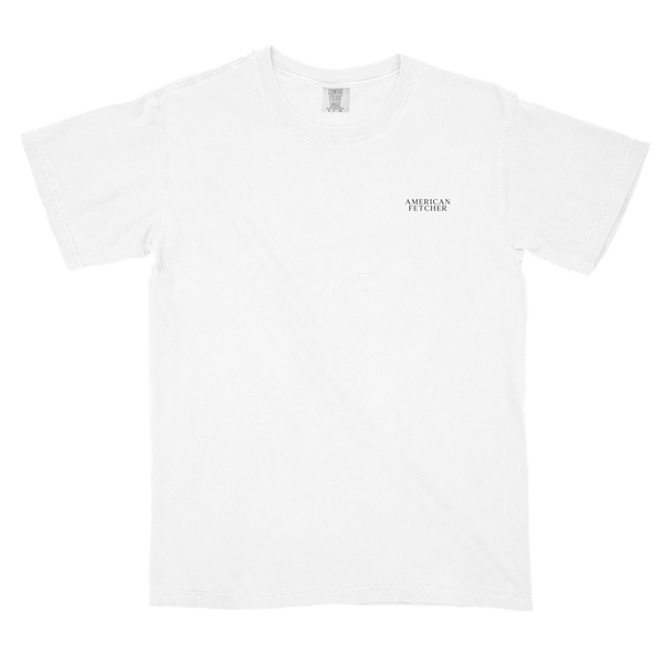 A white short-sleeve crewneck t-shirt with a small black text graphic on the left chest reading 'American Fetcher', displayed flat against a white background. 